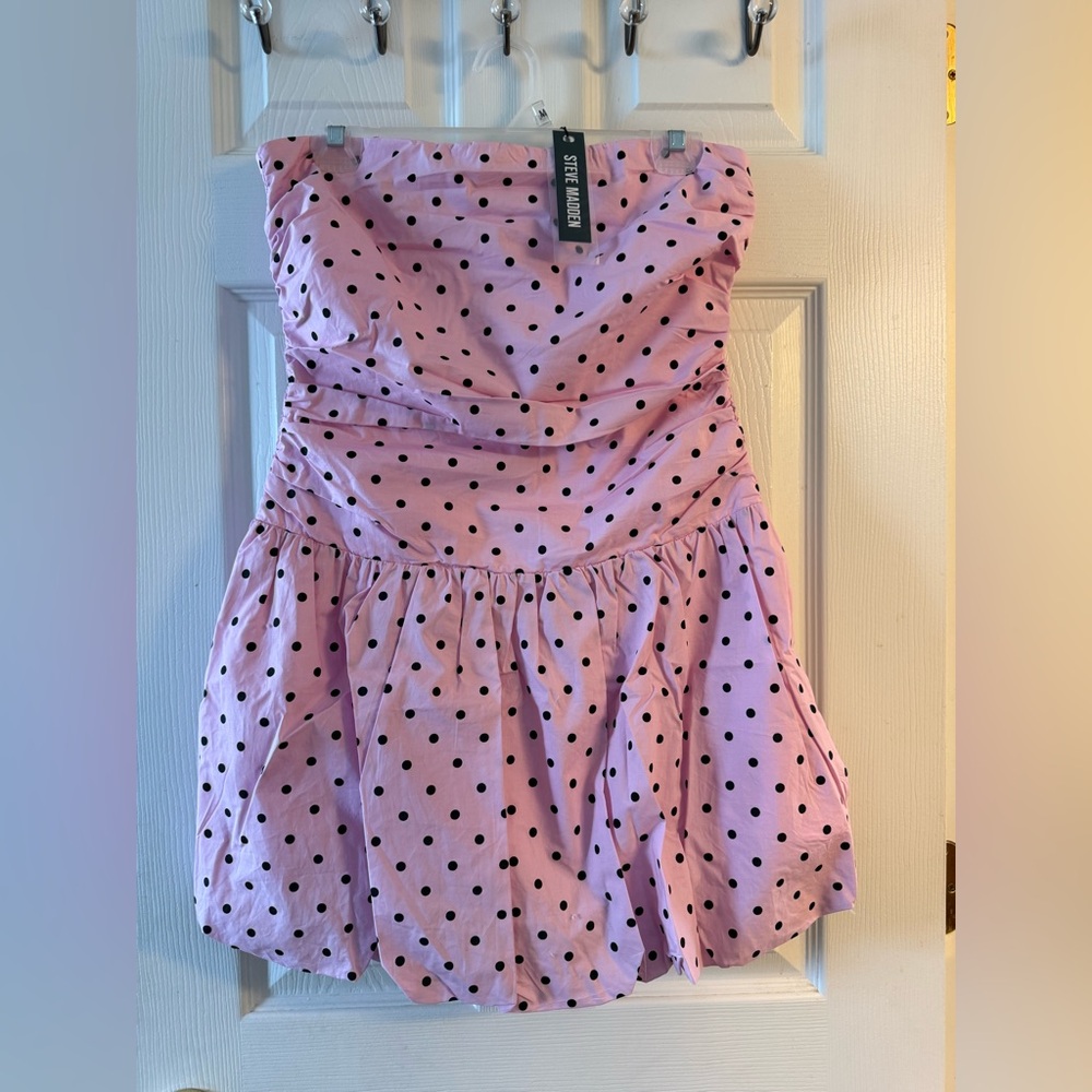 Steve Madden Pink Strapless Dress with Black Polka Dots